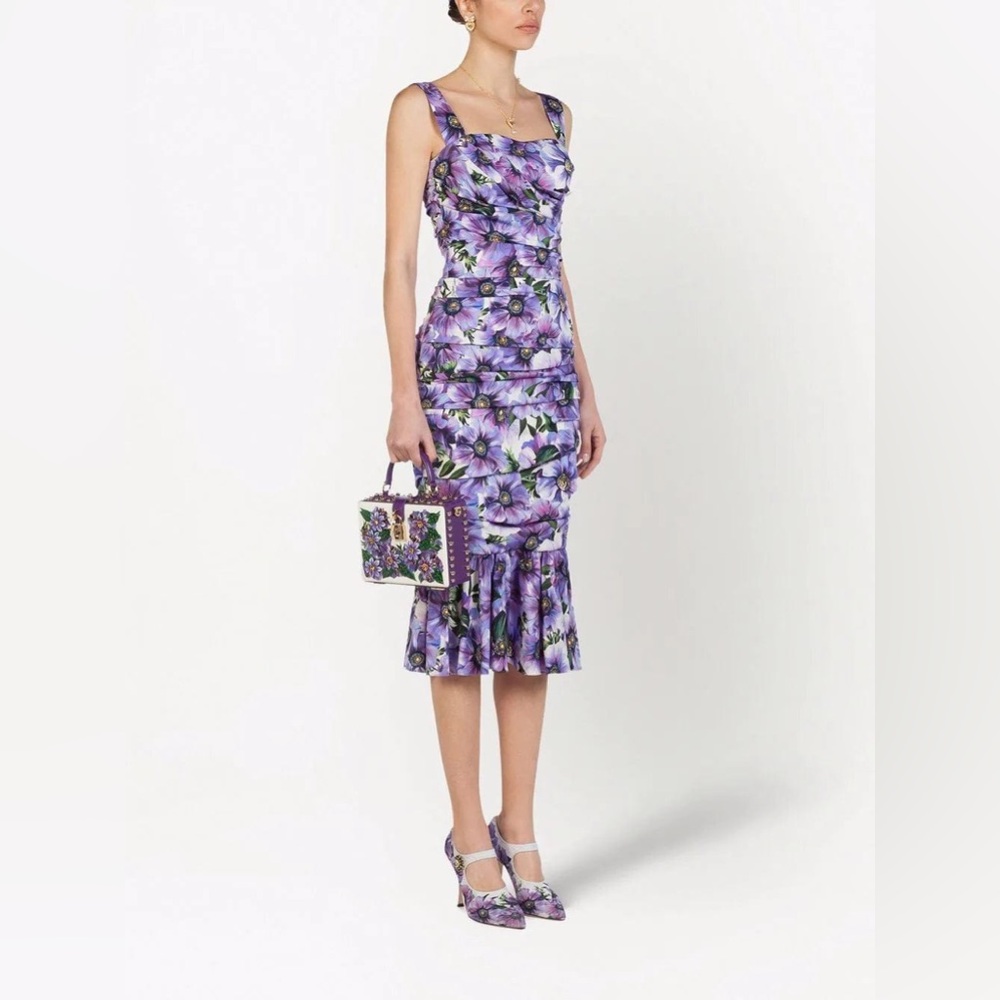DOLCE & GABBANA PURPLE FLORAL PRINT SILK PENCIL DRESS- SIZE 42 (US 6)